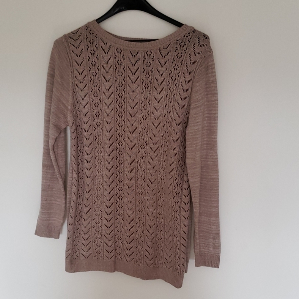 Jenny Open Knit Front Split Back Tan Sweater